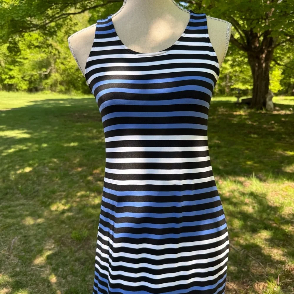 SARA CAMPBELL DRESS MAXI BLACK WHITE BLUE STRIPES SLEEVELESS USA SIZE S